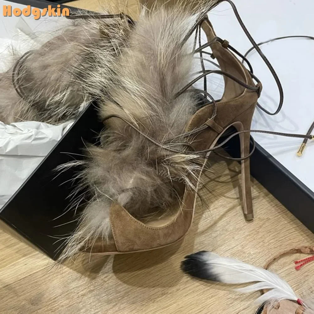 Retro Faux Fur Strappy Sandals Round Toe Cross-tied Stiletto Suede Lace-up Dress Shoes Thin High Heels 2025 Spring New Women