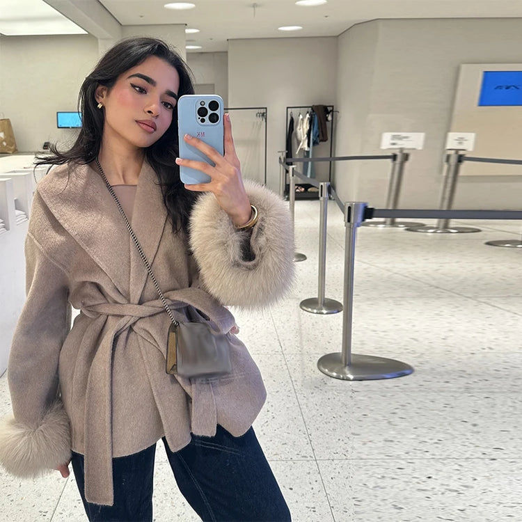 Elegant Women's Lace Up Woolen Coats Solid Full Sleeve Turn-down Collar Loose Lady Coats 2026 Autumn Winter Female Streetwear
