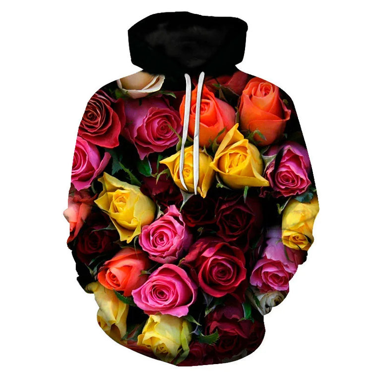 Fashion Rose Floral Hoodies Flower 3D Print Men Women Hip Hop Streetwear Hooded Sweatshirts Oversized Pullovers Top Man Clothing