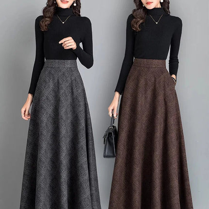 New Women Thick Woolen Skirt Autumn Winter Fashion Elastic High Waist A-Line Long Plaid Skirt Elegant Easy Match Wool Skirt PlatiNum