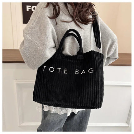 Simple Letter Soft Corduroy Shoulder Bags for Women Versatile Large Capacity Ladies Crossbody Bag Portable Female Handbags Tote PlatiNum