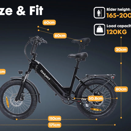 Bicicletta Elettrica Fat Tire Commuter Bodywel F20 500W 48V 15Ah con Autonomia 60-80KM, Pneumatici Fat 20"x3.0", 7 Velocità e Sospensione Anteriore per Adulti Urbani