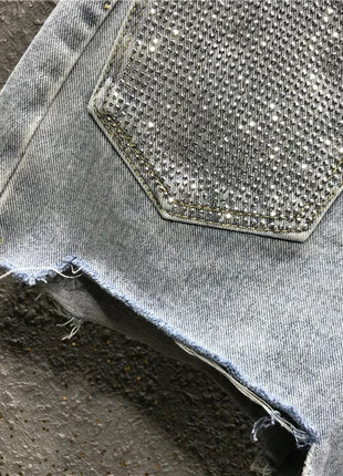 Pantaloncini di jeans bianchi blu irregolari strappati con nappe con strass a vita alta da donna estivi Pantaloncini di jeans coreani da donna