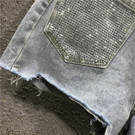 Women's Summer High Waist Rhinestone Tassel Ripped Irregular Blue White Denim Shorts Korean Denim Shorts for Women