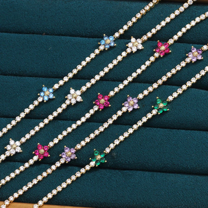 Fiori colorati con zirconi cubici Baguette Catena da tennis Collana girocollo da donna Gioielli hip-hop in ottone per donna Dorato