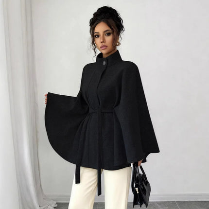Elegant Women's Woolen Coat Autumn Winter Stand up Collar Cape Style Design Tie Waist Atmospheric Fashionable Ladies Outerwear