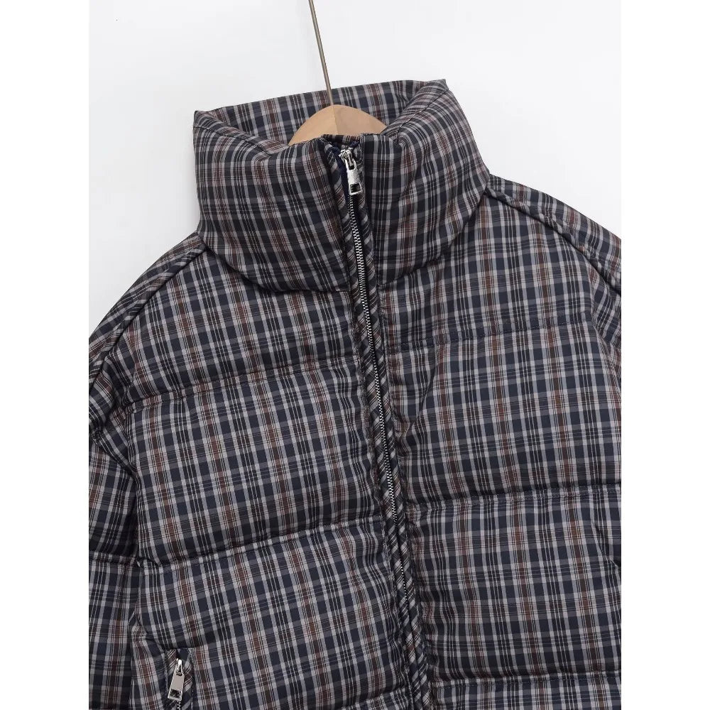 New in Winter High Neck Long Sleeves Zippered Coats for Women Brown Plaid Puffer Anorak with Adjustable Hem Comfy Padded Jackets