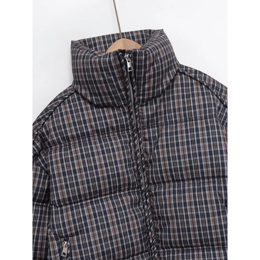 New in Winter High Neck Long Sleeves Zippered Coats for Women Brown Plaid Puffer Anorak with Adjustable Hem Comfy Padded Jackets