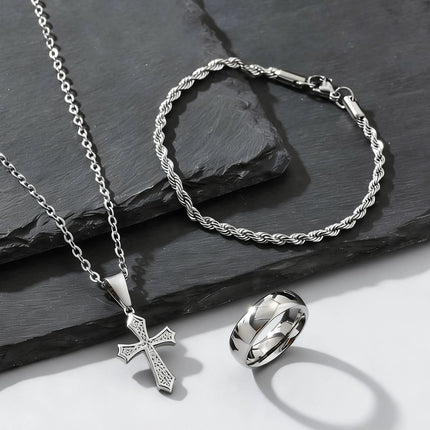 Set di Gioielli Hip Hop da Uomo 3 Pezzi, Ciondolo a Croce in Acciaio Inossidabile, Bracciale con Catena a Corda Intrecciata, Set di Gioielli Regalo per Papà, Figlio, Marito platinumshop