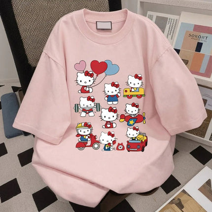 T-shirt in cotone Hello Kitty Kawaii Sanrioed Anime Fashion Top da donna T-shirt estiva casual da strada personalizzata per ragazza dolce - platinumshop