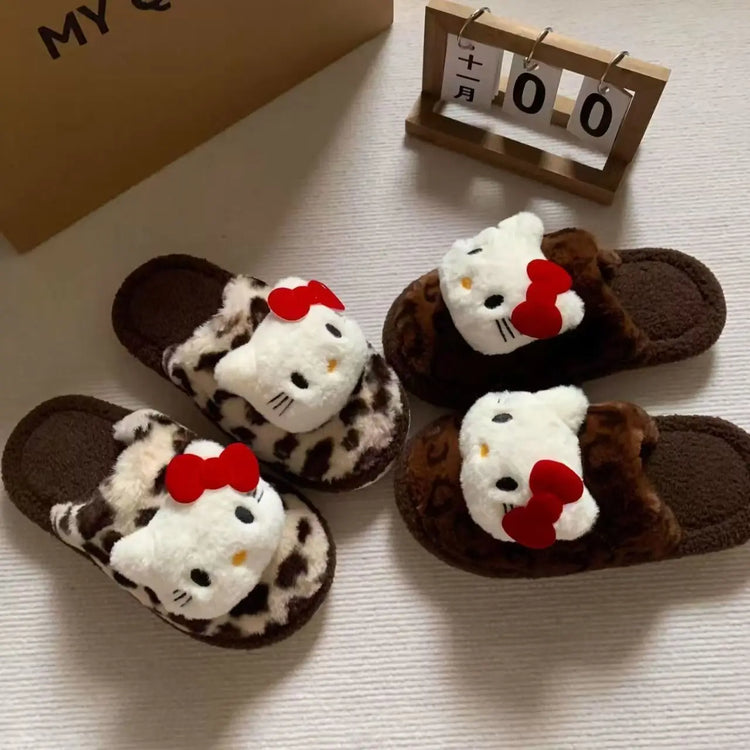 Women Cute Cartoon Cat Leopard Print Plush Slippers Warm Fuzzy Non-Slip Soft Sole Winter Indoor Bedroom Cozy House Home Shoes