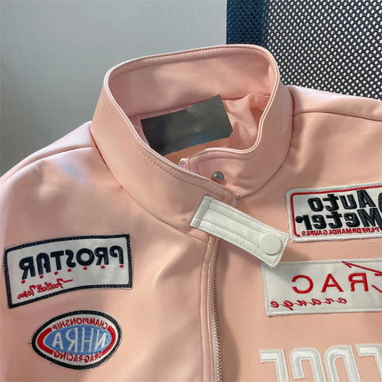 Gmiixder Motorcycle Leather Jacket Unisex High Street Hiphop Pink Bomber Jacket American Vibe Workwear Letter Baseball Uniform