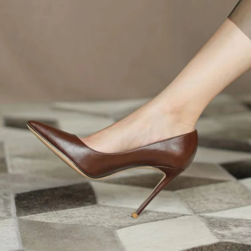 brown light Heels for women luxury Spring High Heels Shoes Stiletto Pointed Toe Pumps Leather Ladies Prom Party Shoes Women