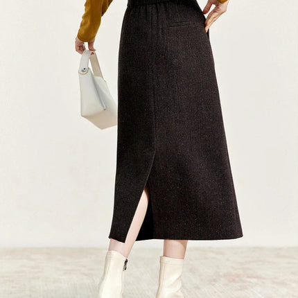 SENTUBILA Straight Wool Skirt Women 2025 Winter Vintage Elegant Tweed High-waist Slit-hem Temperament Long Skirts 144Q56942 PlatiNum