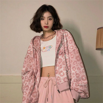 Cool Pink Leopard Print Hoodie Sweatshirt Women Spring Autumn Punk Hoodies Tops Females Outwear Clothes Zip Up Crop Tops Girl