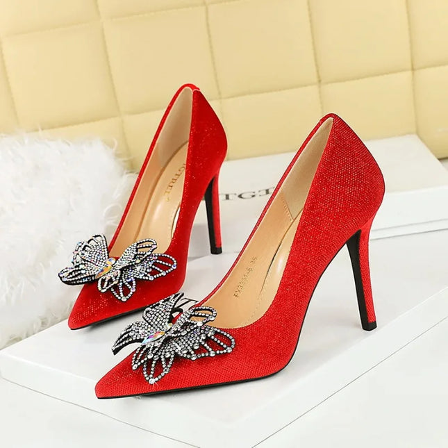 BIGTREE Shoes Designer New Women Pumps Rhinestone Butterfly-knot Pointed Toe Flock 10CM Stiletto Heels Super High Mature Women Shoes