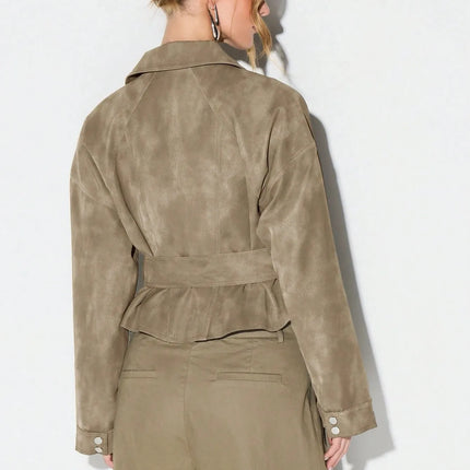 Belt Zipper Top with Waist Cinching American and European Style Streetwear Notched Lapel Thick No Hood Women Autumn Jacket
