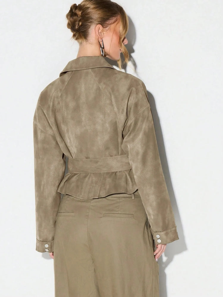 Belt Zipper Top with Waist Cinching American and European Style Streetwear Notched Lapel Thick No Hood Women Autumn Jacket