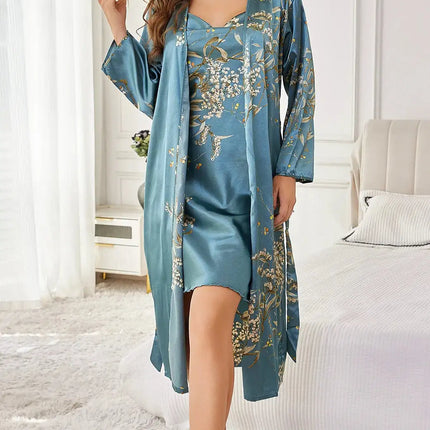 ‌   Set di indumenti da notte floreali in raso di seta, abito con cintura, canotta, camicia da notte, indumenti da notte eleganti in due pezzi, per tutte le stagioni platinumshop