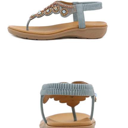 New 2026 Women's Summer Bohemian Style Sandals, Flip-Flop Design with Beaded and Rhinestone Buckle, Elastic Heel Strap, Comfortable Everyday Shoes