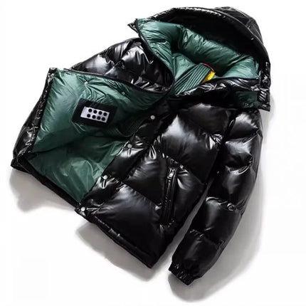 Fashion Mens Winter Mixed Colors Thick Warm 90% White Duck Down Jacket Bright Pu Leather Overcoat Streetwear Hooded Outwear Coat