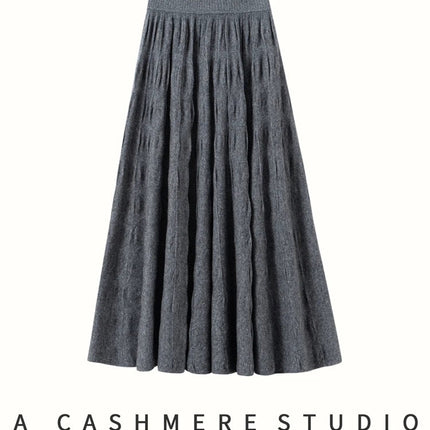Women Cashmere Skirt A-Line Jacquard Elastic Waist Flared Skirt Autumn Winter 100% Cashmere Knitted Office Lady Curled Hem Dress PlatiNum