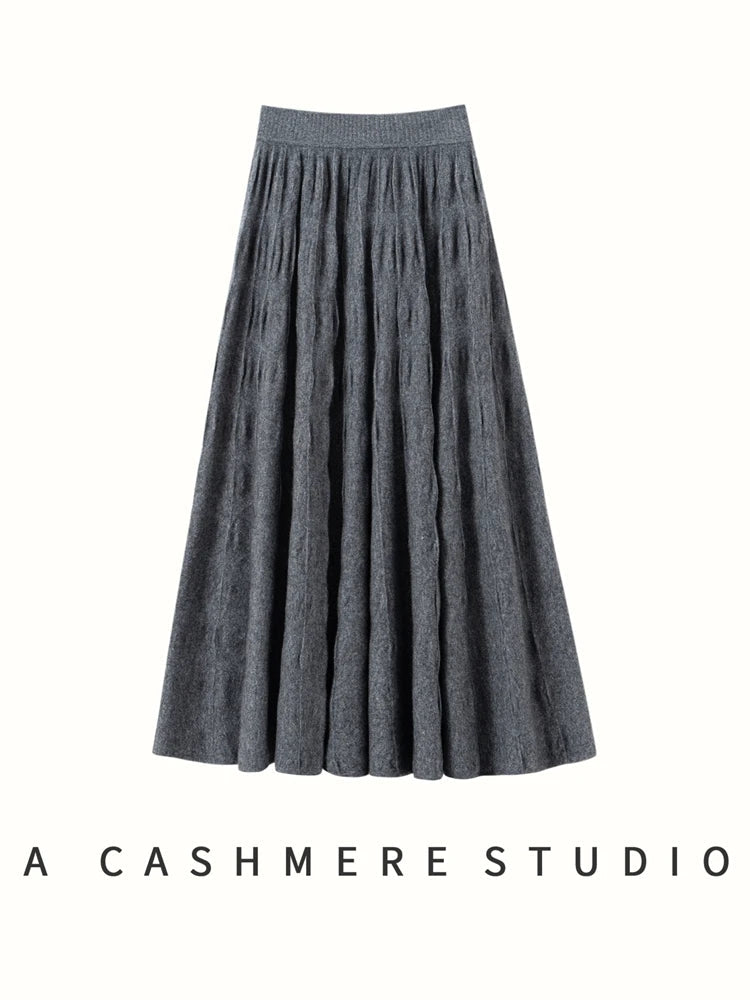 Women Cashmere Skirt A-Line Jacquard Elastic Waist Flared Skirt Autumn Winter 100% Cashmere Knitted Office Lady Curled Hem Dress PlatiNum