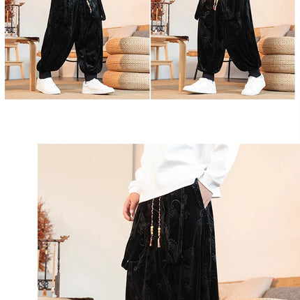 Pantaloni da uomo stile cinese retrò allentato drago scuro stampa pantaloni a gamba larga Kung Fu Tai Chi pantaloni casual tradizionali taglie forti 5XL