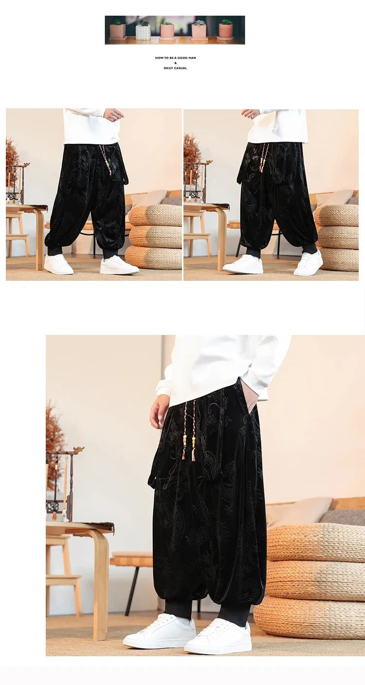 Pantaloni da uomo stile cinese retrò allentato drago scuro stampa pantaloni a gamba larga Kung Fu Tai Chi pantaloni casual tradizionali taglie forti 5XL