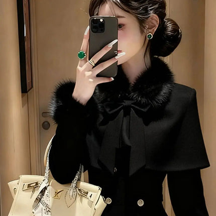 French Elegant Vintage Woolen 2 Piece Set Women Faux Fur Collar Cape + Fit Chic Dress New Winter A-Line Retro Party Outfits 2025