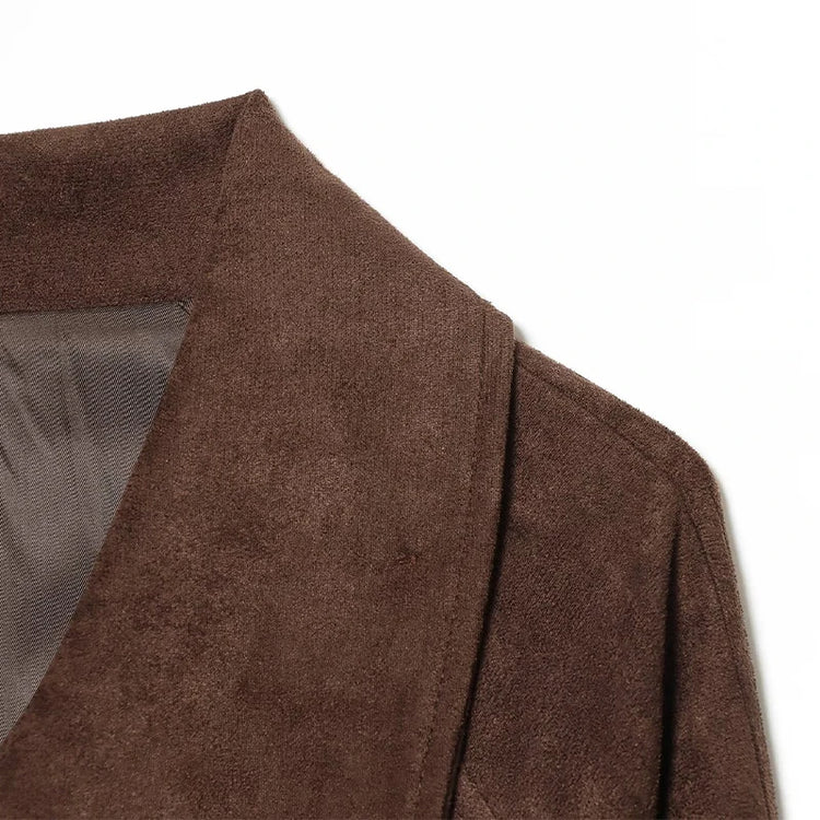Elegant Suede Women Jacket Turn Down Collar Double Breasted Belt Waist Slim Jackets 2026 Autumn Winter Female Fashion Tops
