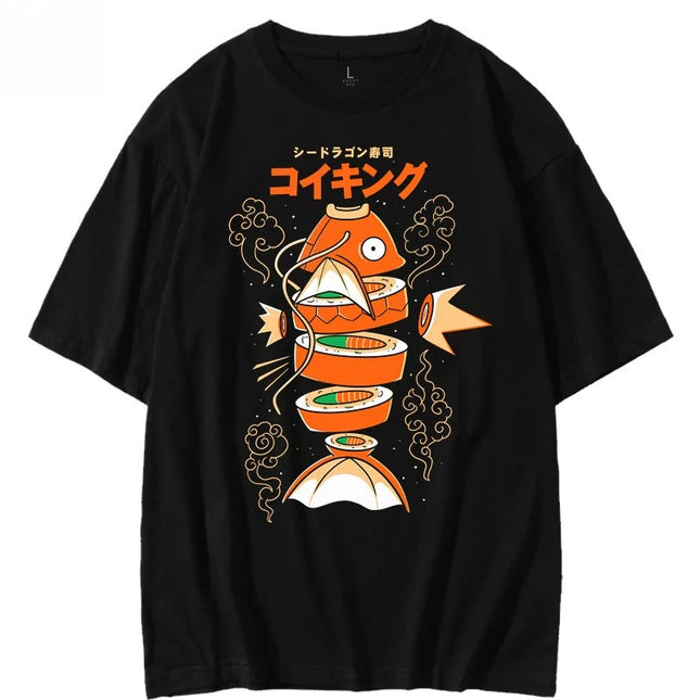 Japanese Style Pokemon King Carp Magikarp Sushi Sashimi T-shirt Pure Cotton Short Sleeve Summer Men's and Women's Loose T-shirt