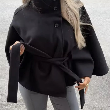 Women's Elegant Midi Cape Coat with Stand Collar Three Quarter Flared Sleeves Solid Color Belted Loose Fit Poncho For Woman