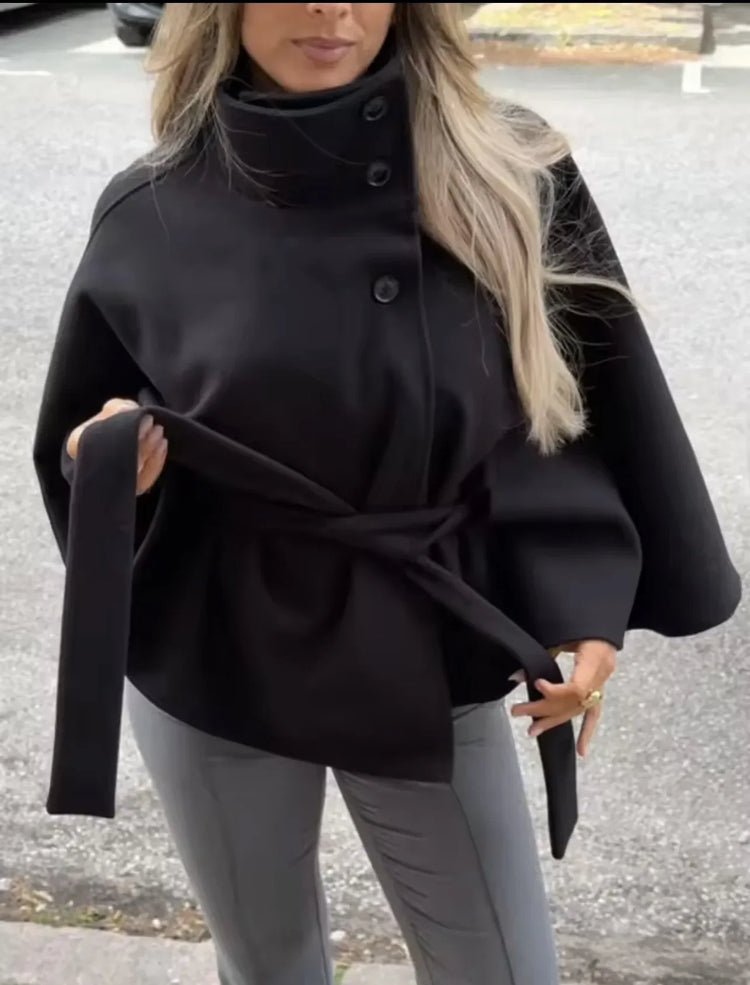 Women's Elegant Midi Cape Coat with Stand Collar Three Quarter Flared Sleeves Solid Color Belted Loose Fit Poncho For Woman