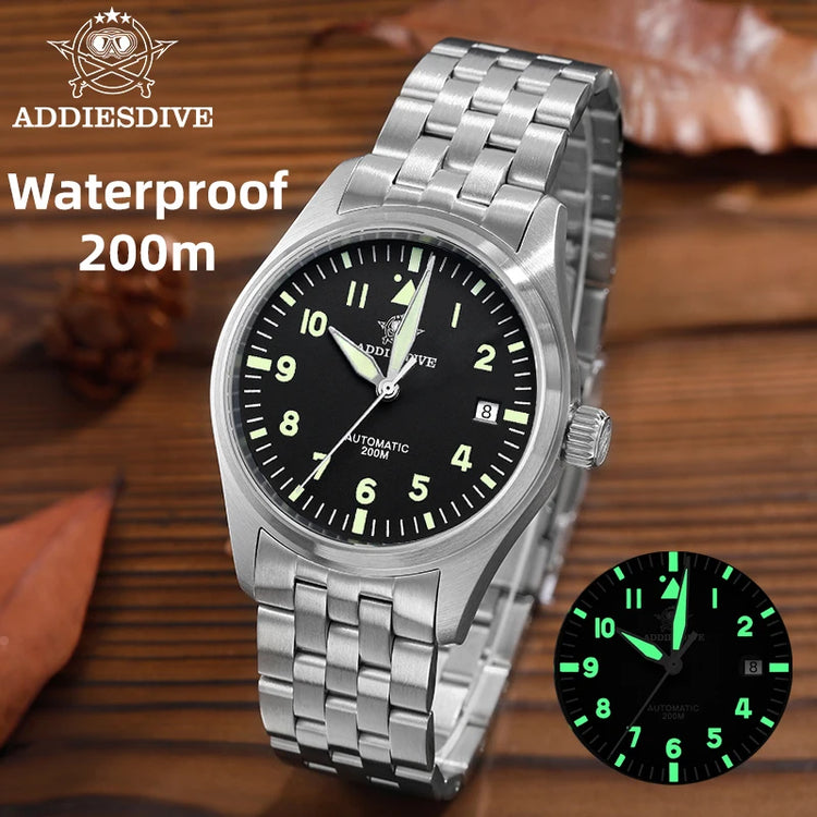 ADDIESDIVE Classic Men's watch Sapphire Automatic 8215 Stainless Steel Pilot watch Leather Luminous 200m Diving Dress Watch New