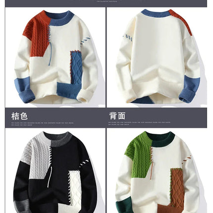 2025 New Patchwork Sweater Trend High Street Fashion Autumn and Winter Warm Men's Top Hip-hop Street Clothing