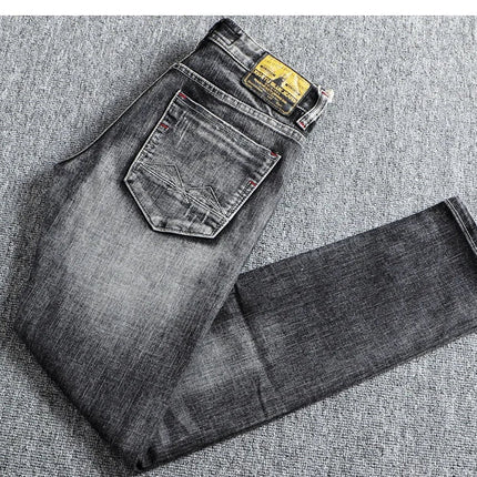 Italian Style Fashion Men Jeans Retro Gray Elastic Slim Fit Ripped Jeans Men Trousers Vintage Designer Casual Denim Pants Hombre PlatiNum