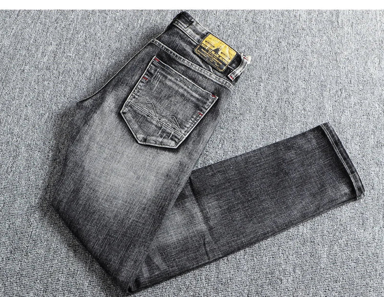 Italian Style Fashion Men Jeans Retro Gray Elastic Slim Fit Ripped Jeans Men Trousers Vintage Designer Casual Denim Pants Hombre PlatiNum