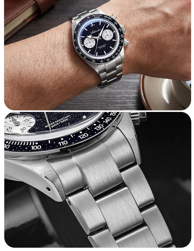 ADDIESDIVE Luxury Mens Watch New AD2558 VK64 Quartz Chronograph Stainless Steel Blue Sandstone Dial Luminous 100M Waterproof