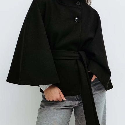 Women Lace Up High Neck Jackets for Women with Belt Elegant Windbreaker Faux Wool Blends Cape Korean Solid Windbreaker Cloak