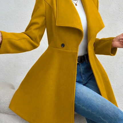 Women's Autumn Winter Yellow Woolen Coat Elegant Lapel Double Button Slim Fit Mid-Length Overcoat Casual Long Sleeve Outerwear F