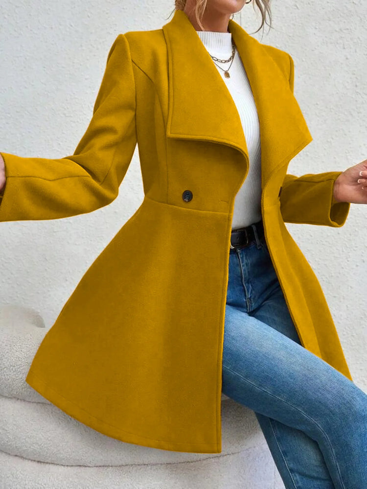 Women's Autumn Winter Yellow Woolen Coat Elegant Lapel Double Button Slim Fit Mid-Length Overcoat Casual Long Sleeve Outerwear F