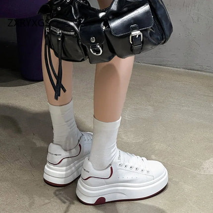 ZXRYXGS 2025 Spring Genuine Leather  Breathable Comfortable Shoes Woman New Thick Sole Wedges Increase Casual Sneakers White