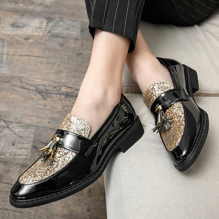 Mocassini di Lusso da Uomo con Tacco Basso, Slip-on Casual in Pelle Dorata, Scarpe da Festa con Nappe, Scarpe Eleganti da Uomo, Scarpe con Plateau da Uomo
