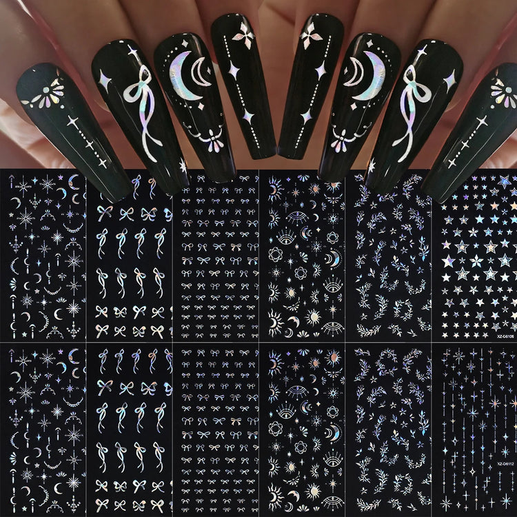 12Pcs 3D Laser Silver Star Ribbon Nail Stickers Y2K Stars Moon Sun Self-Adhesive Slider Exquisite Flower Leaf DIY Manicure Decal