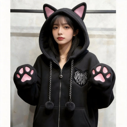 Cute Cat Ear Velvet Hoodies Women Cat Claw Long Sleeve Coat Black Harajuku Y2k 2000s Punk Rock Goth Sweetheart Women Jackets