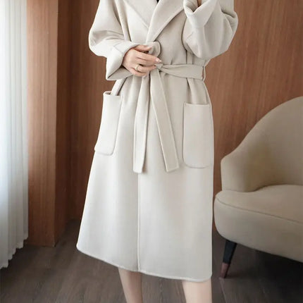 100% Wool Coat Women's Wear 2026 Autumn/Winter Fashion Temperament Double sided Cashmere Coats with Belt Elegant Long Overcoat
