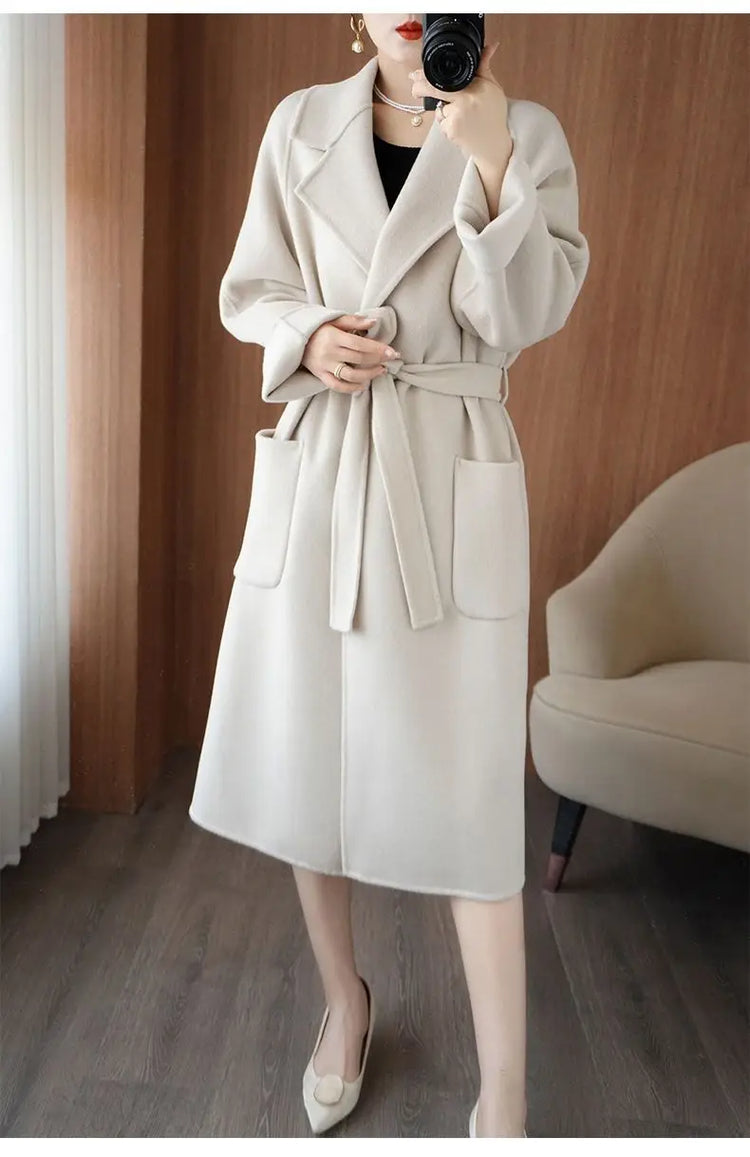 100% Wool Coat Women's Wear 2026 Autumn/Winter Fashion Temperament Double sided Cashmere Coats with Belt Elegant Long Overcoat