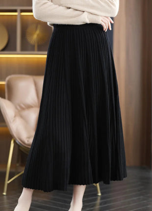 100% Merino Wool Women’s Knitted Skirt Spring Autumn Winter  Long Pleated Grace Skirts High Waist A-Line Cashmere Comfortable PlatiNum