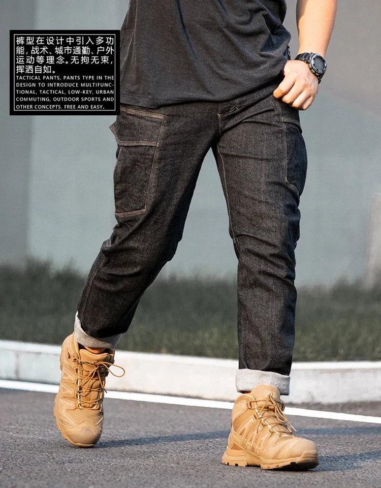 Men's Tactical Jeans Military Denim Cargo Pants Multi-pocket Elastic Casual  Work Trousers Outdoor Combat Training Hiking Pants